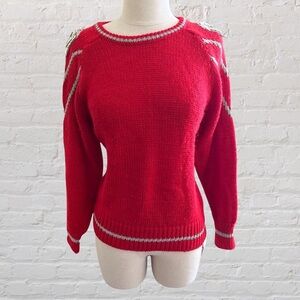 Metallic red and silver sweater with beads and sequins on the shoulder